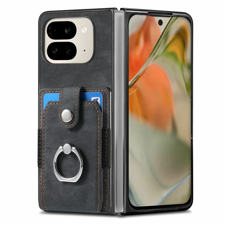 Custodia per Google Pixel 9 Pro Fold 5G con supporto, in pelle e PC, antiscivolo e protettiva, con slot per schede - Nero