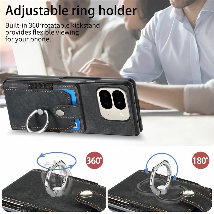 Custodia per Google Pixel 9 Pro Fold 5G con supporto, in pelle e PC, antiscivolo e protettiva, con slot per schede - Nero