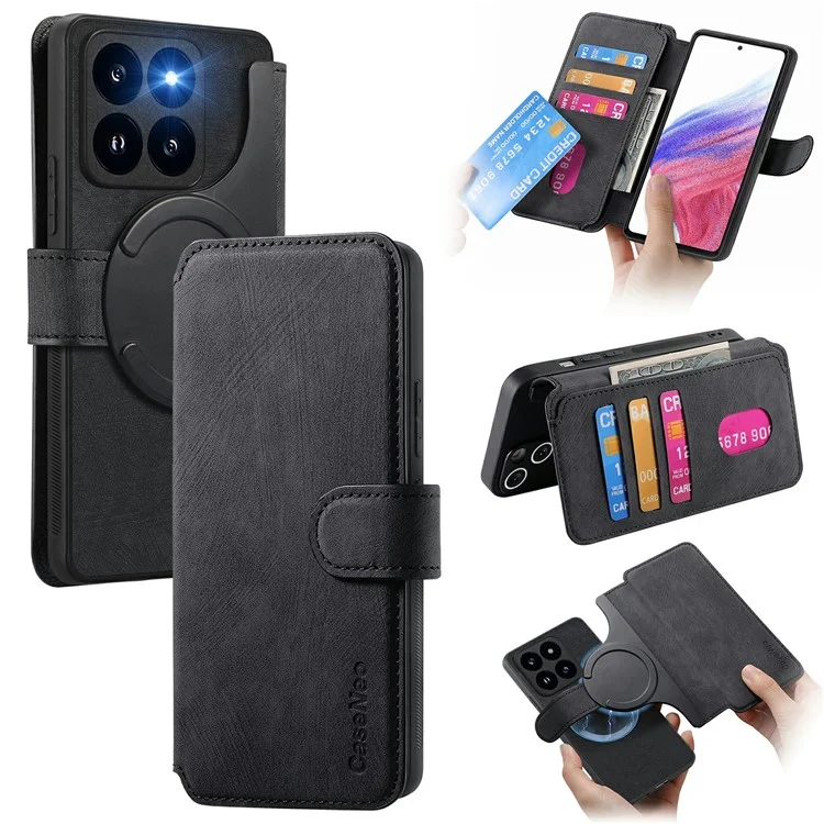 CASENEO MW-03 For Xiaomi 14T Case Detachable Wallet Leather+TPU Phone Cover - Black