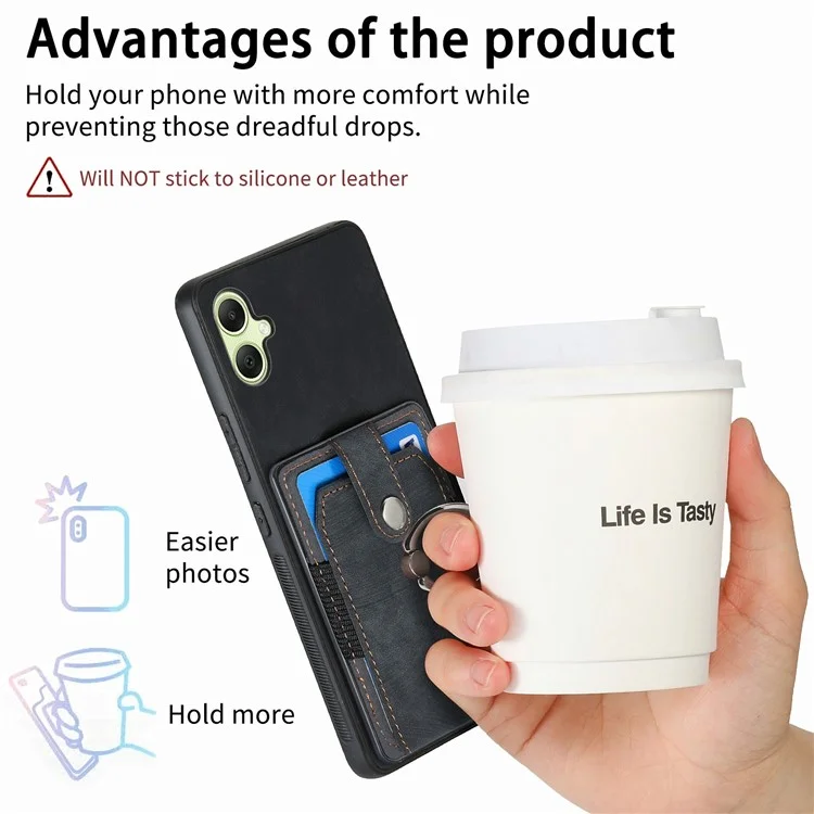 For Samsung Galaxy A06 4G Case Kickstand Leather+TPU Non-Slip Protective Cover Card Slots - Black