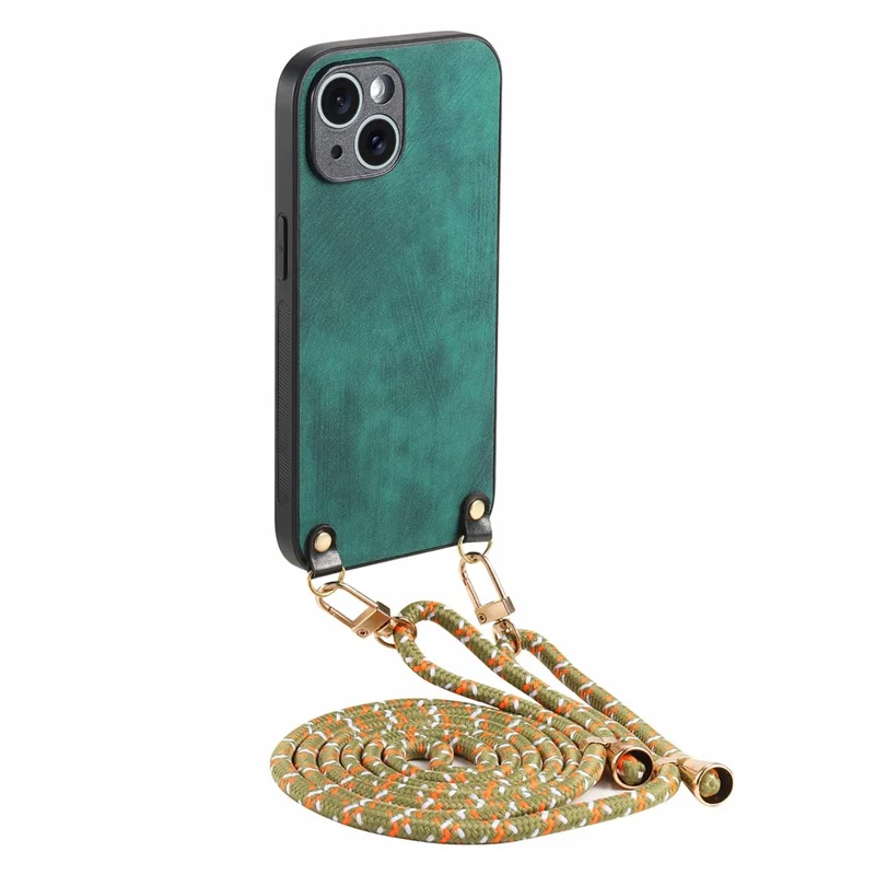 For iPhone 15 Case Retro Texture Leather Coated PC+TPU Phone Cover with Hanging Rope - Green