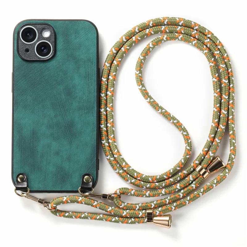 For iPhone 15 Case Retro Texture Leather Coated PC+TPU Phone Cover with Hanging Rope - Green