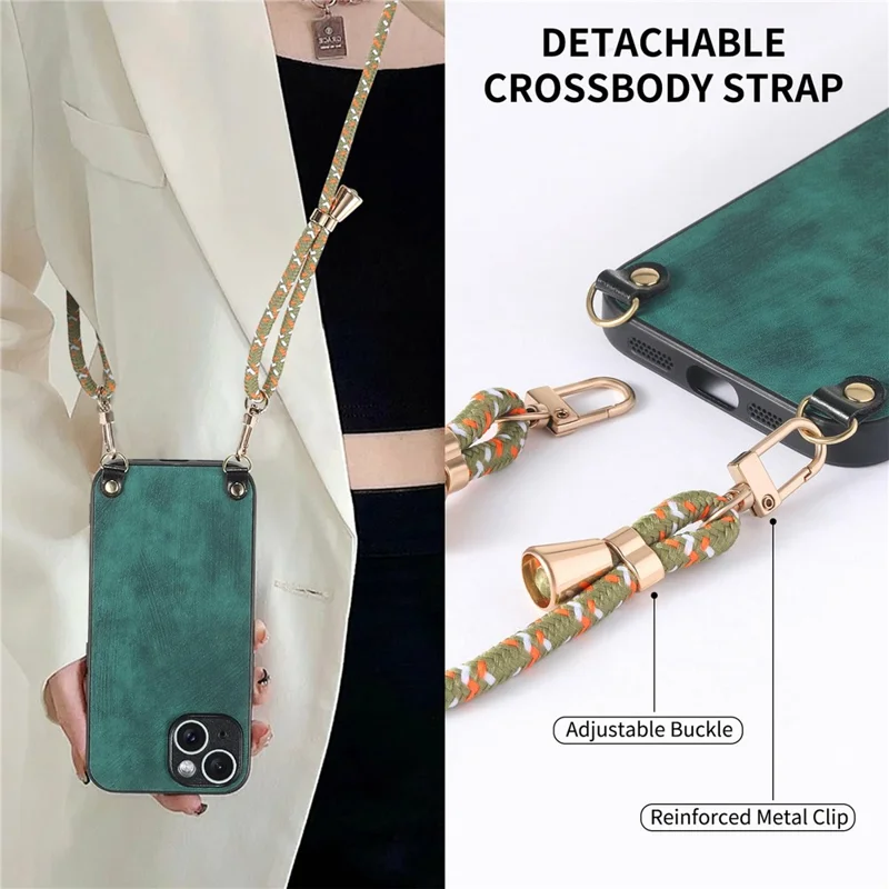 For iPhone 15 Case Retro Texture Leather Coated PC+TPU Phone Cover with Hanging Rope - Green