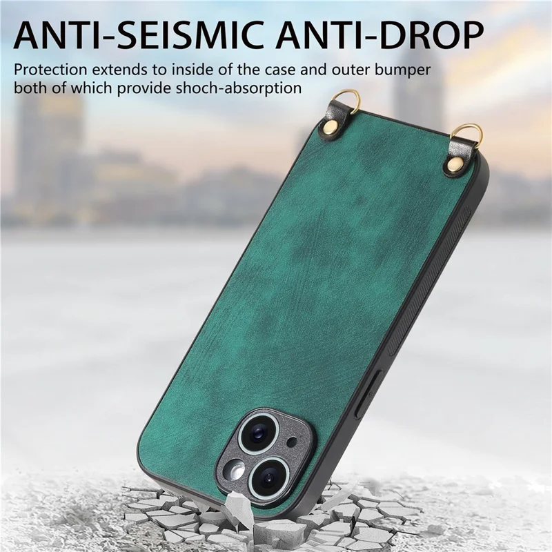 For iPhone 15 Case Retro Texture Leather Coated PC+TPU Phone Cover with Hanging Rope - Green