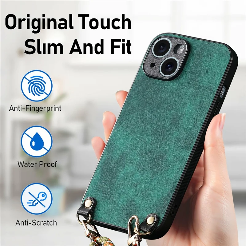 For iPhone 15 Case Retro Texture Leather Coated PC+TPU Phone Cover with Hanging Rope - Green