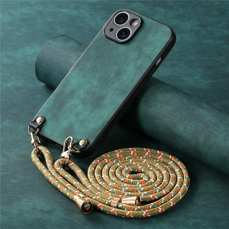 For iPhone 15 Case Retro Texture Leather Coated PC+TPU Phone Cover with Hanging Rope - Green
