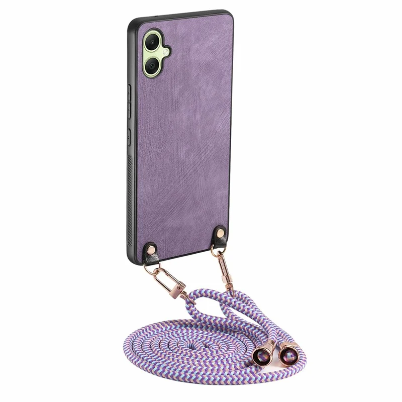 For Samsung Galaxy A06 4G Case Retro Texture Leather Coated PC+TPU Phone Cover with Hanging Rope - Purple