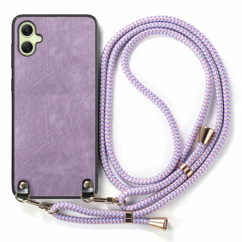For Samsung Galaxy A06 4G Case Retro Texture Leather Coated PC+TPU Phone Cover with Hanging Rope - Purple