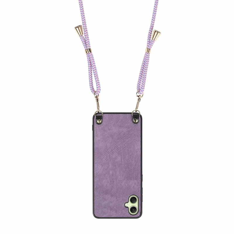 For Samsung Galaxy A06 4G Case Retro Texture Leather Coated PC+TPU Phone Cover with Hanging Rope - Purple