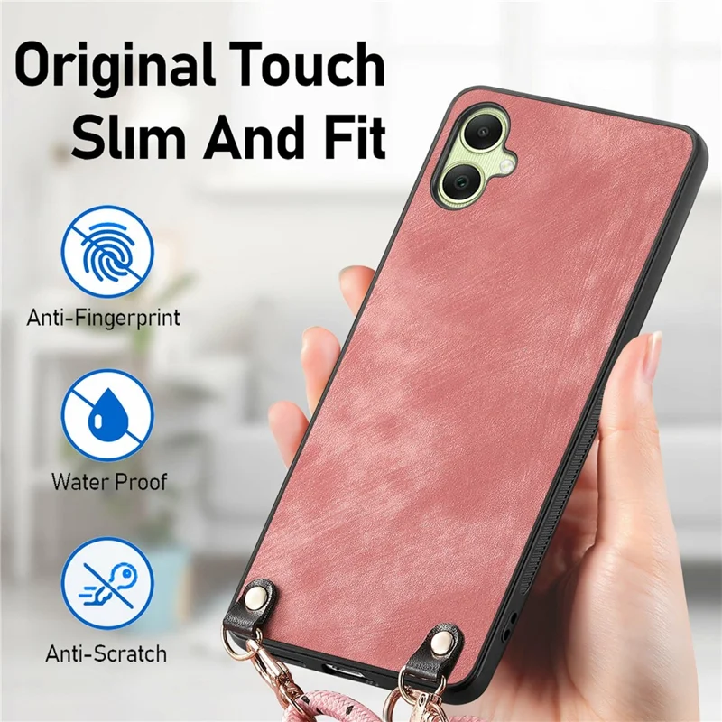 For Samsung Galaxy A06 4G Case Retro Texture Leather Coated PC+TPU Phone Cover with Hanging Rope - Purple