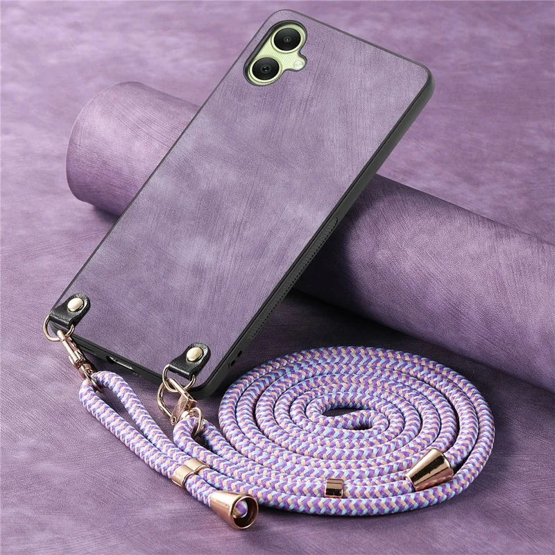 For Samsung Galaxy A06 4G Case Retro Texture Leather Coated PC+TPU Phone Cover with Hanging Rope - Purple