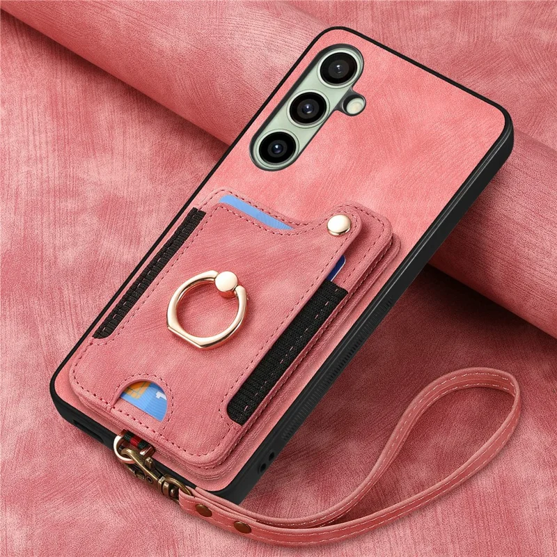 Для чехла Samsung Galaxy S24 FE RFID Blocking Handbag Leather+TPU Phone Cover Card Slots, Ring Holder - Розовый