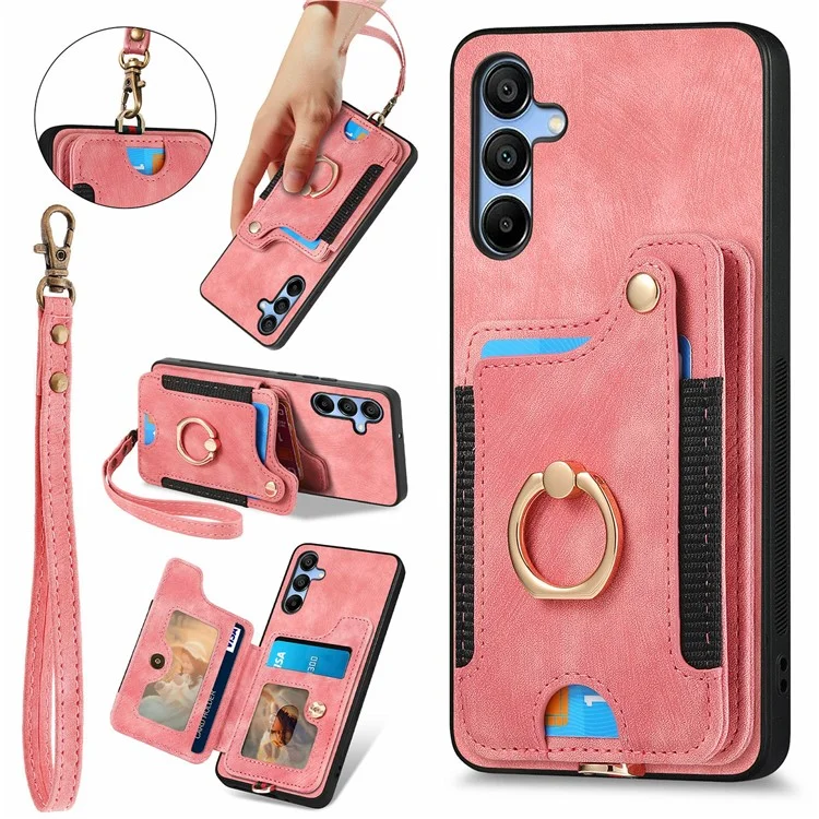 Для Samsung Galaxy A16 4G / A16 5G Чехол RFID Blocking Handbag Leather+TPU Phone Cover Card Slots, Ring Holder - Розовый