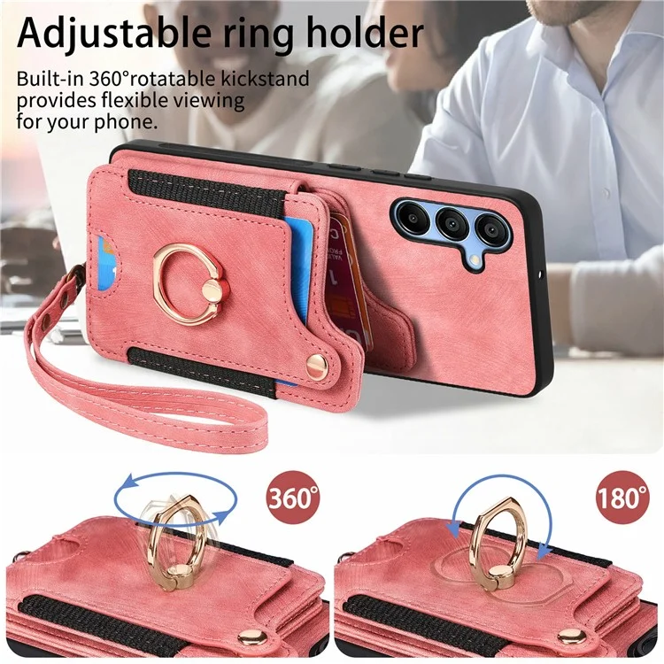 Для Samsung Galaxy A16 4G / A16 5G Чехол RFID Blocking Handbag Leather+TPU Phone Cover Card Slots, Ring Holder - Розовый