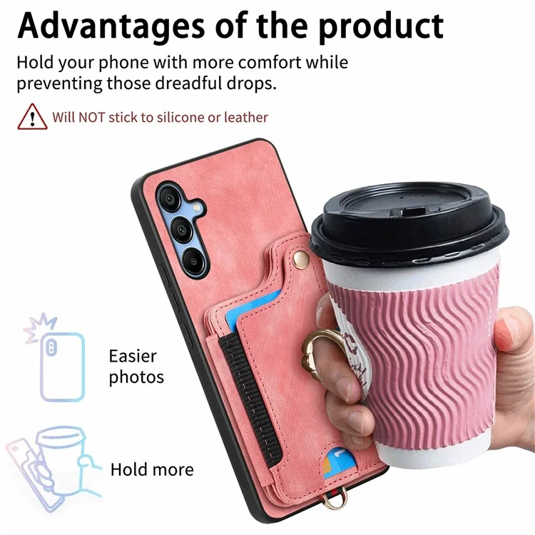 Для Samsung Galaxy A16 4G / A16 5G Чехол RFID Blocking Handbag Leather+TPU Phone Cover Card Slots, Ring Holder - Розовый