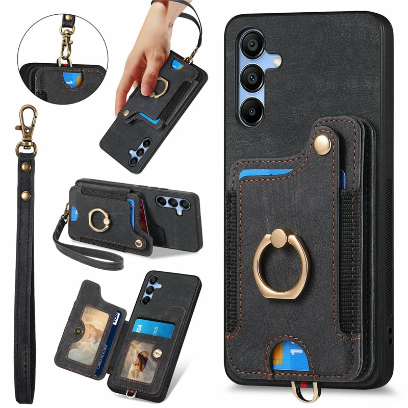 For Samsung Galaxy A16 4G  /  A16 5G Case RFID Blocking Handbag Leather+TPU Phone Cover Card Slots, Ring Holder - Black