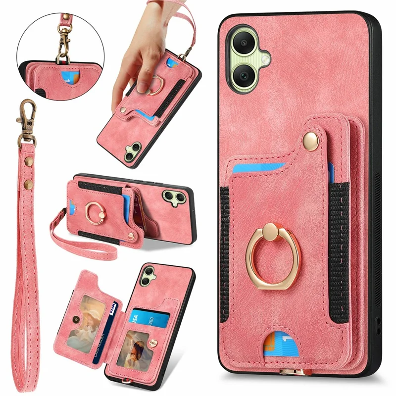 For Samsung Galaxy A06 4G Case RFID Blocking Handbag Leather+TPU Phone Cover Card Slots, Ring Holder - Pink