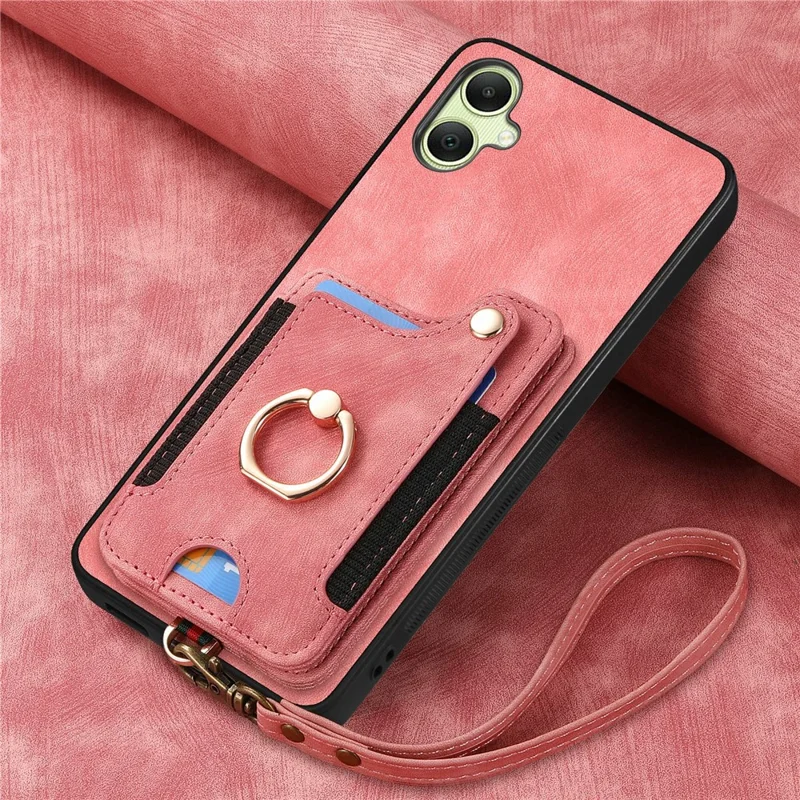 For Samsung Galaxy A06 4G Case RFID Blocking Handbag Leather+TPU Phone Cover Card Slots, Ring Holder - Pink