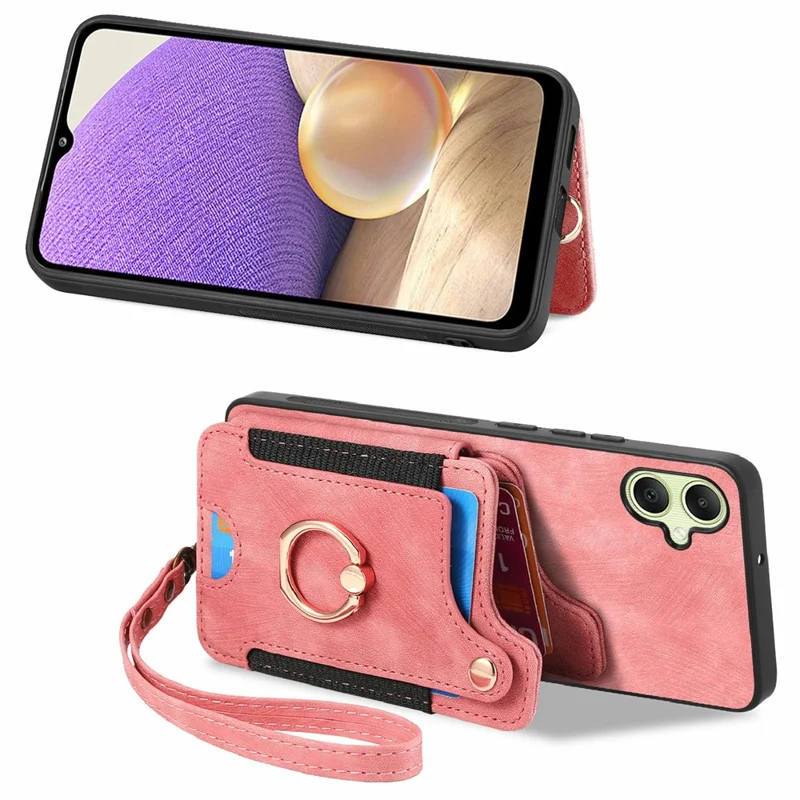 For Samsung Galaxy A06 4G Case RFID Blocking Handbag Leather+TPU Phone Cover Card Slots, Ring Holder - Pink