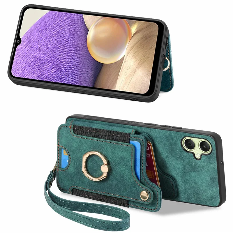 For Samsung Galaxy A06 4G Case RFID Blocking Handbag Leather+TPU Phone Cover Card Slots, Ring Holder - Green
