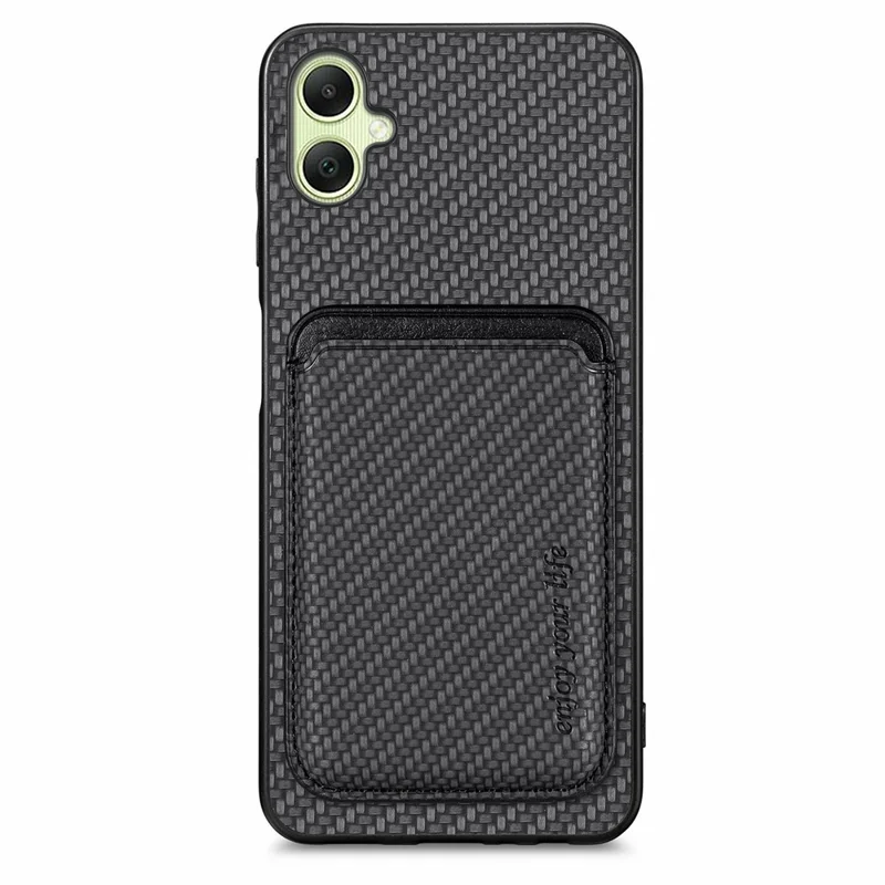 Custodia per Samsung Galaxy A06 in fibra di carbonio e pelle con tasca staccabile per schede - Nero