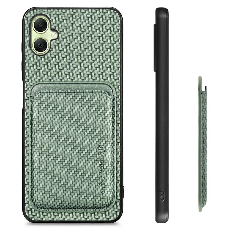 Custodia per Samsung Galaxy A06 in fibra di carbonio e pelle con tasca staccabile per schede - Nero