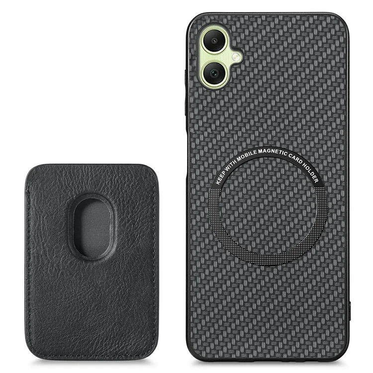 Custodia per Samsung Galaxy A06 in fibra di carbonio e pelle con tasca staccabile per schede - Nero
