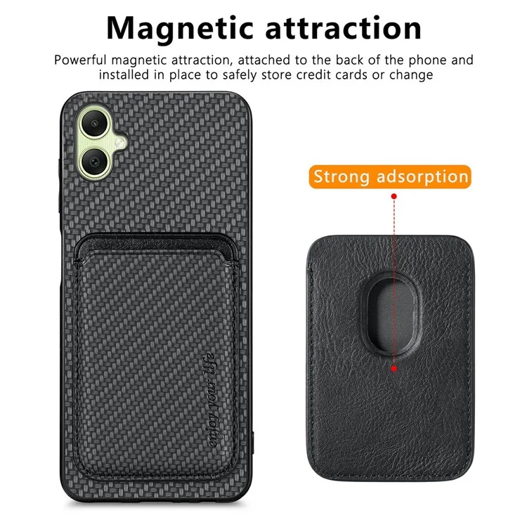 Custodia per Samsung Galaxy A06 in fibra di carbonio e pelle con tasca staccabile per schede - Nero