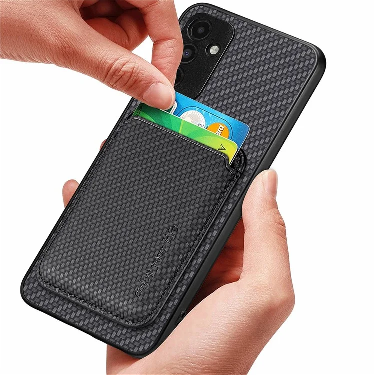 Custodia per Samsung Galaxy A06 in fibra di carbonio e pelle con tasca staccabile per schede - Nero