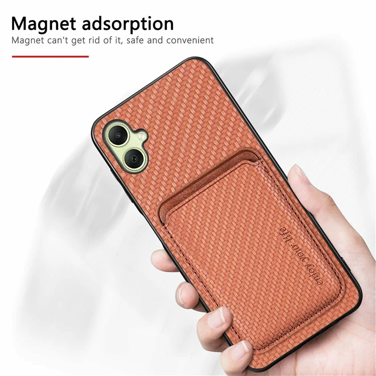 Custodia per Samsung Galaxy A06 in fibra di carbonio e pelle con tasca staccabile per schede - Nero