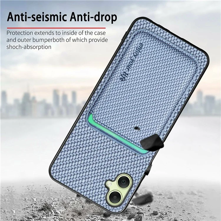 Custodia per Samsung Galaxy A06 in fibra di carbonio e pelle con tasca staccabile per schede - Nero