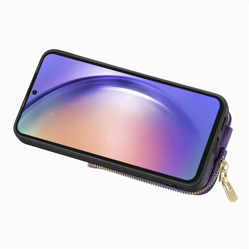 For Samsung Galaxy A06 4G Case Zipper Pocket Kickstand Leather Phone Back Cover - Purple