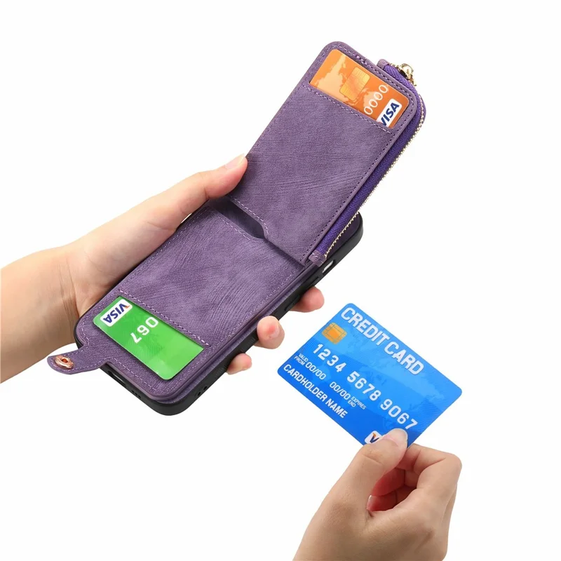 For Samsung Galaxy A06 4G Case Zipper Pocket Kickstand Leather Phone Back Cover - Purple