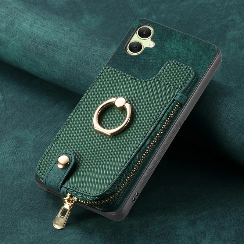 For Samsung Galaxy A06 4G Case Zipper Pocket Kickstand Leather Phone Back Cover - Green