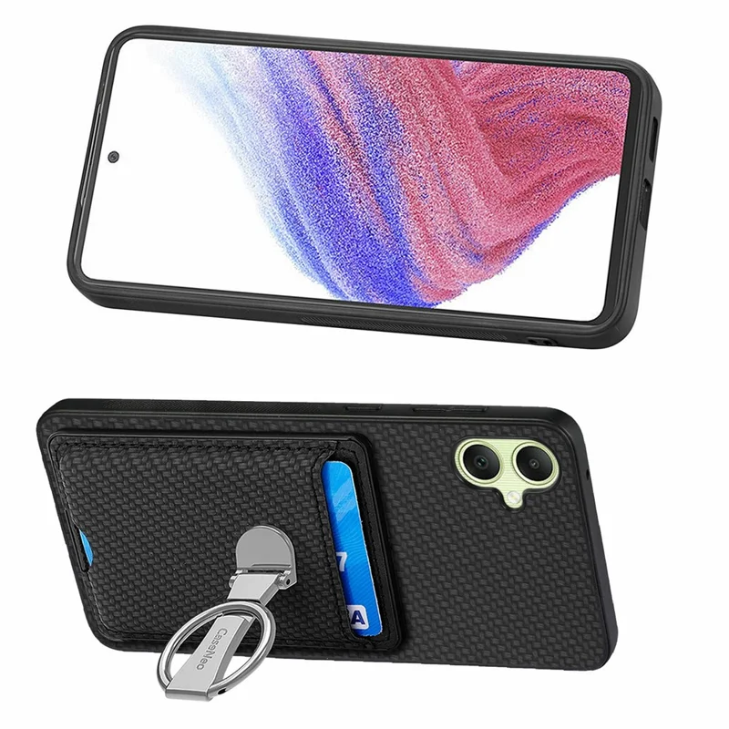 For Samsung Galaxy A06 4G Case Kickstand Leather Card Slots Back Cover Carbon Fiber Texture - Black
