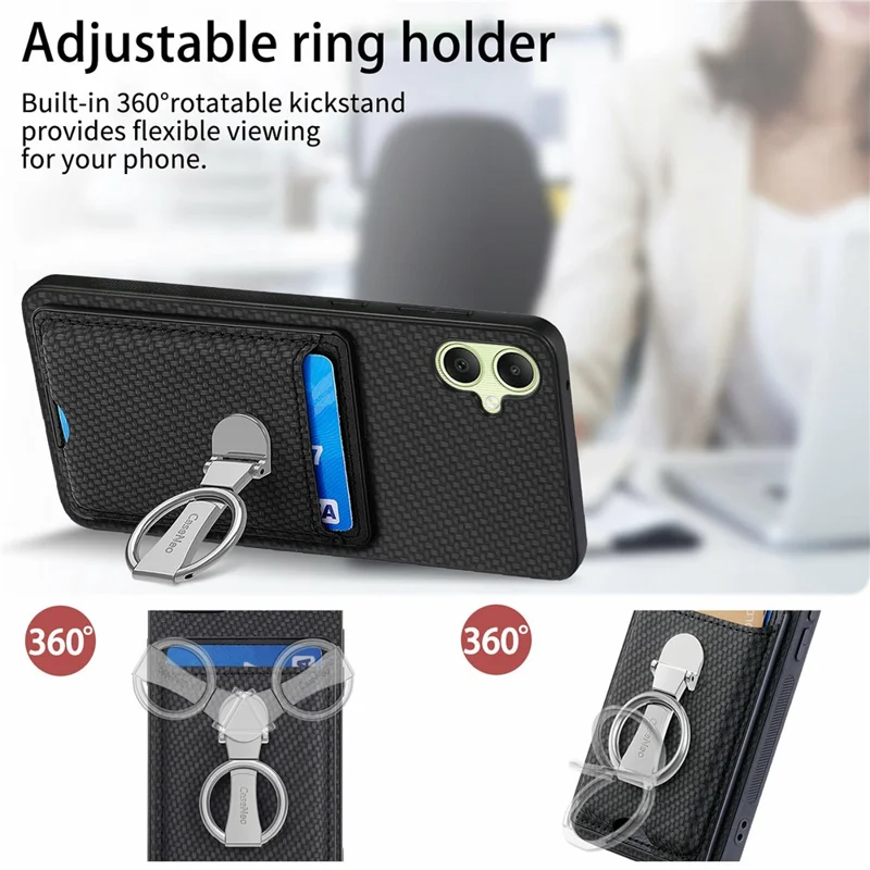 For Samsung Galaxy A06 4G Case Kickstand Leather Card Slots Back Cover Carbon Fiber Texture - Black