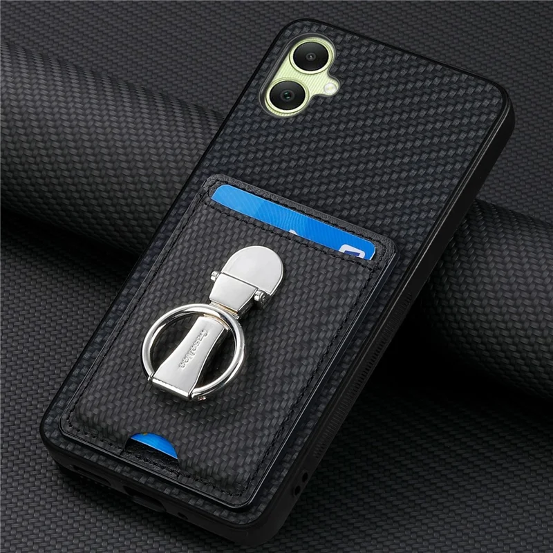 For Samsung Galaxy A06 4G Case Kickstand Leather Card Slots Back Cover Carbon Fiber Texture - Black