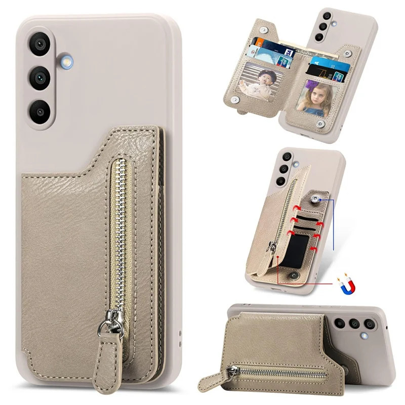 For Samsung Galaxy A16 4G / 5G Case PU Leather+TPU Phone Cover with Zipper Pocket Wallet - Beige