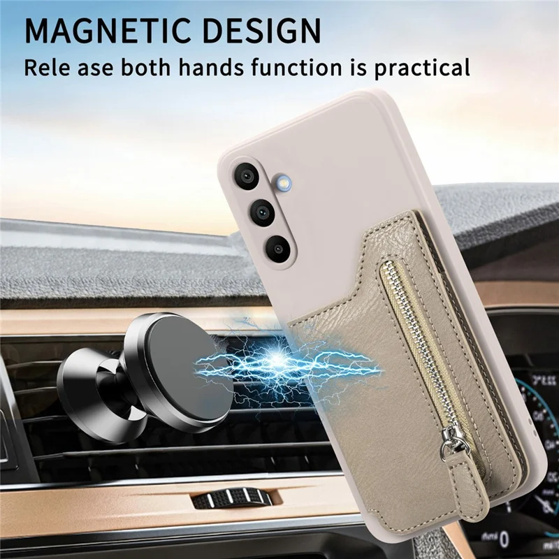 For Samsung Galaxy A16 4G / 5G Case PU Leather+TPU Phone Cover with Zipper Pocket Wallet - Beige