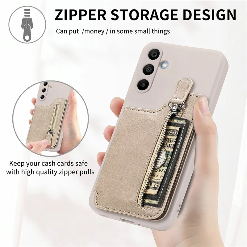 For Samsung Galaxy A16 4G / 5G Case PU Leather+TPU Phone Cover with Zipper Pocket Wallet - Beige