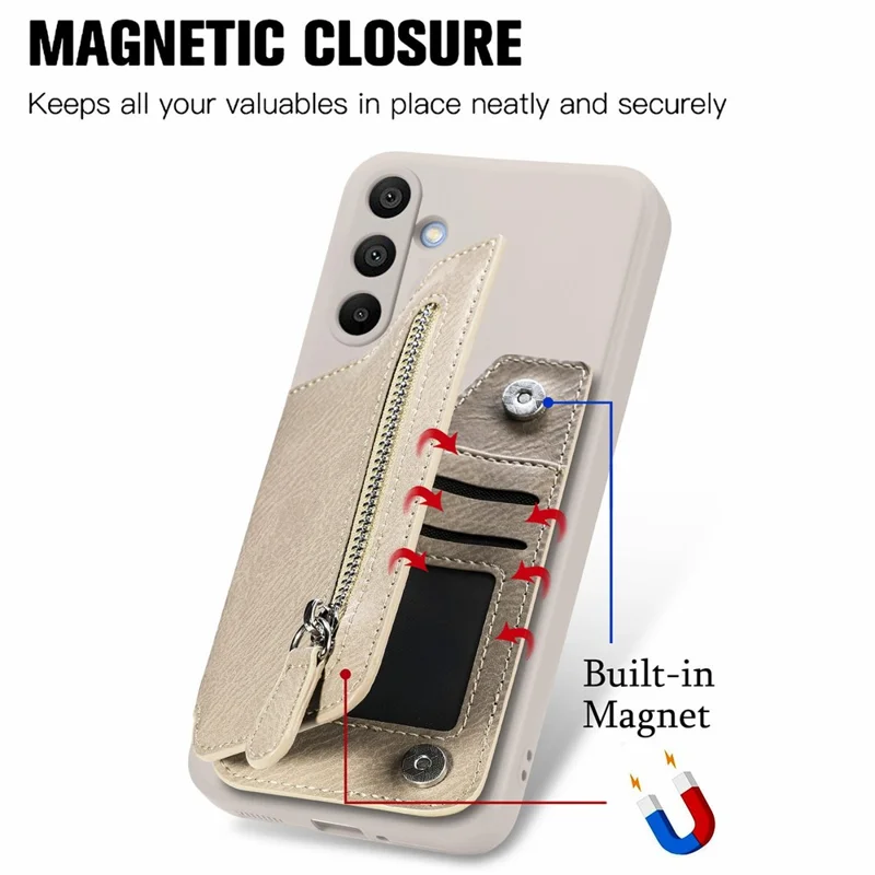 For Samsung Galaxy A16 4G / 5G Case PU Leather+TPU Phone Cover with Zipper Pocket Wallet - Beige