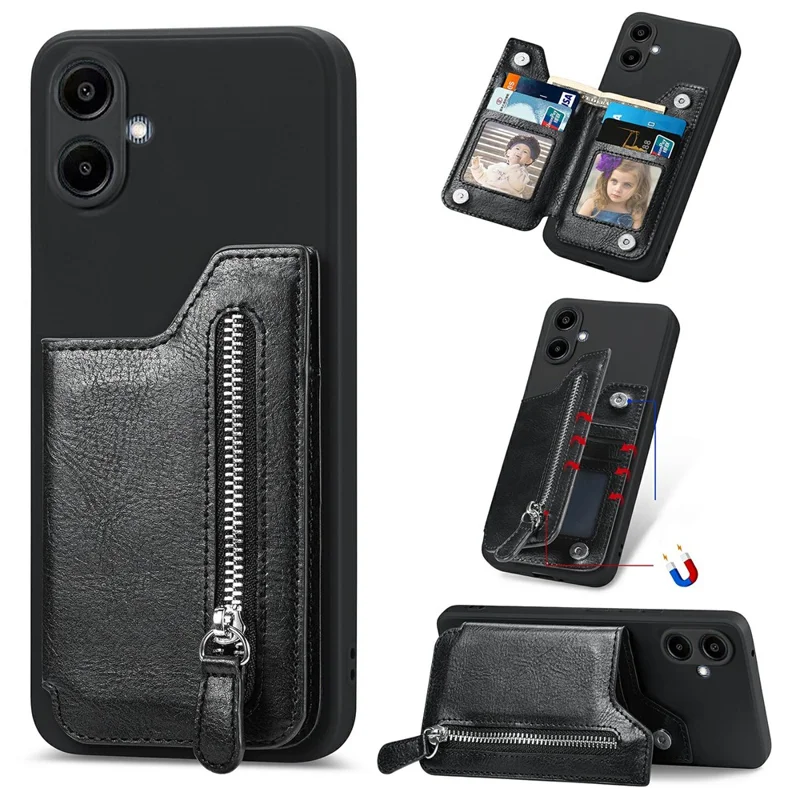 Para o Samsung Galaxy A06 Capa Case PU Couro+TPU Capa de Telefone com Bolso com Zíper Carteira - Preto