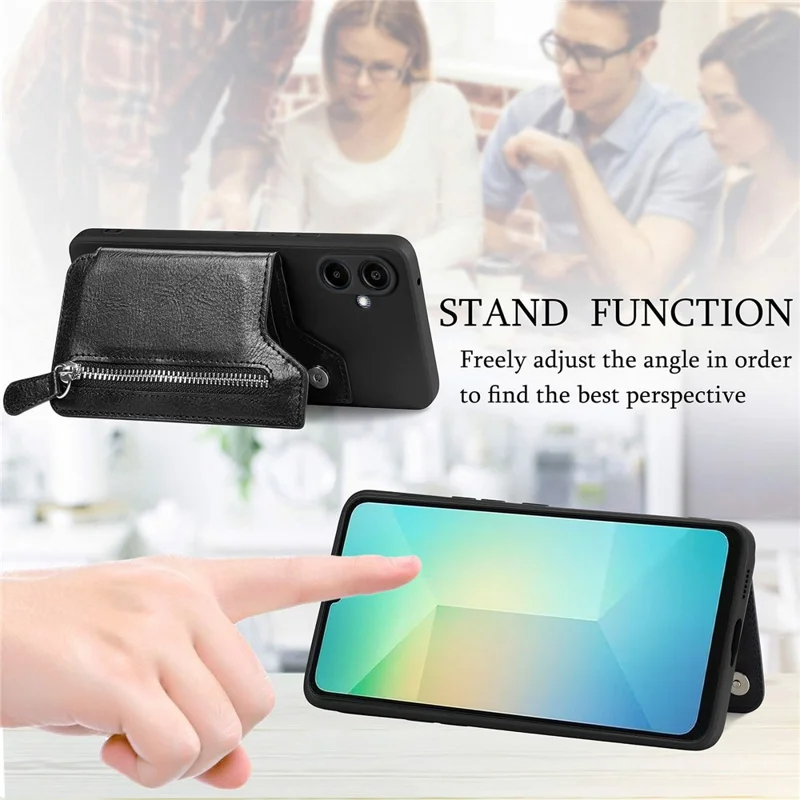 Para o Samsung Galaxy A06 Capa Case PU Couro+TPU Capa de Telefone com Bolso com Zíper Carteira - Preto