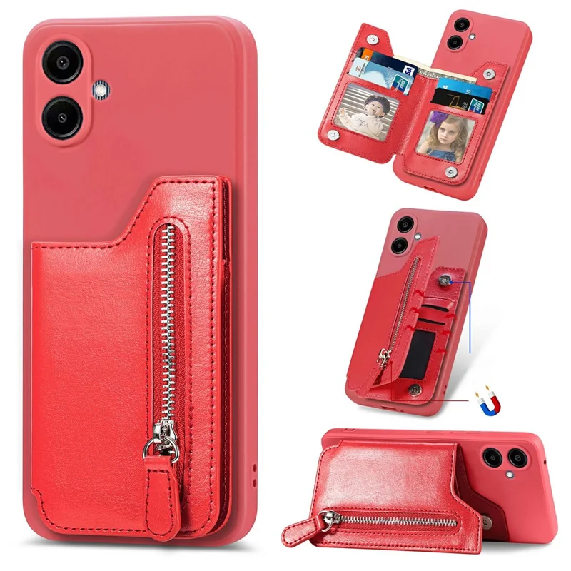For Samsung Galaxy A06 4G Case PU Leather+TPU Phone Cover with Zipper Pocket Wallet - Red