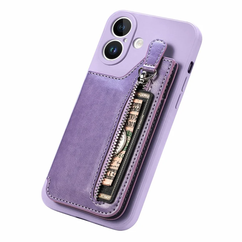 Custodia per iPhone 16 Plus in pelle PU + TPU con cerniera e tasca portafoglio - Viola