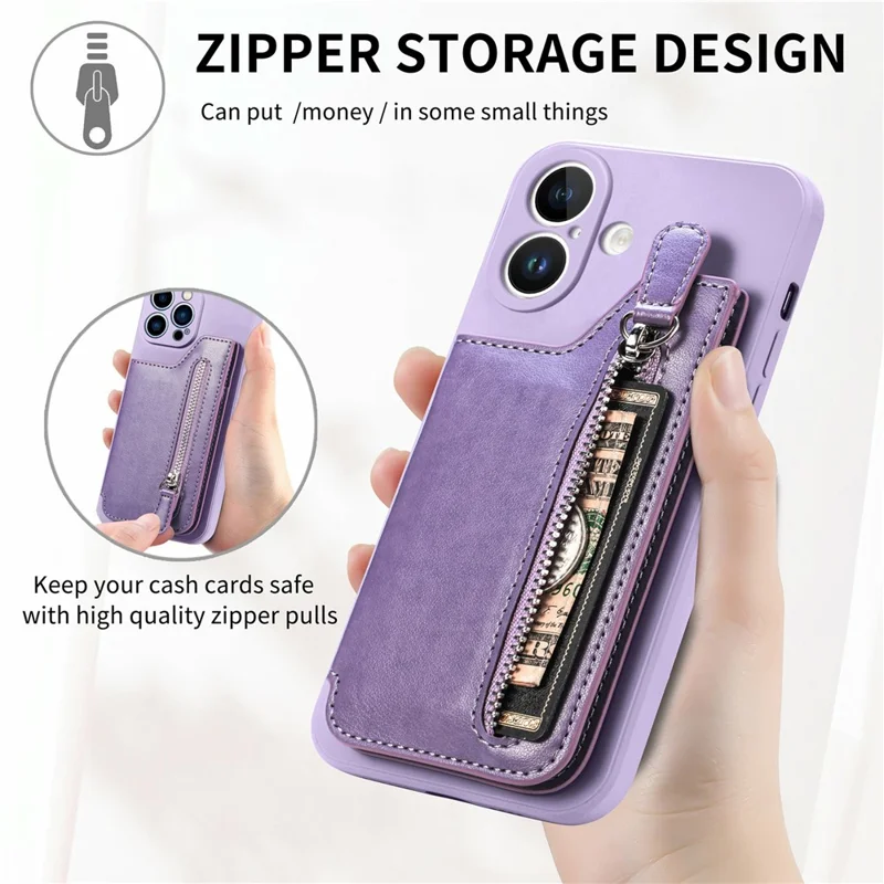 Custodia per iPhone 16 Plus in pelle PU + TPU con cerniera e tasca portafoglio - Viola