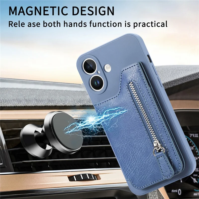 Custodia per iPhone 16 Plus in pelle PU + TPU con cerniera e tasca portafoglio - Viola