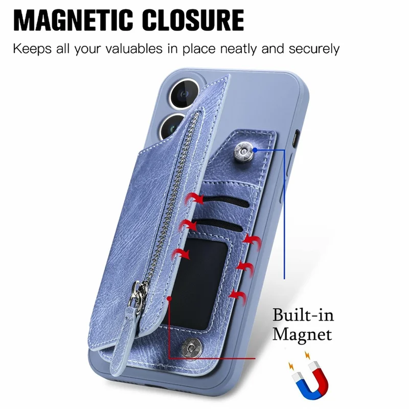 Custodia per iPhone 16 Plus in pelle PU + TPU con cerniera e tasca portafoglio - Viola