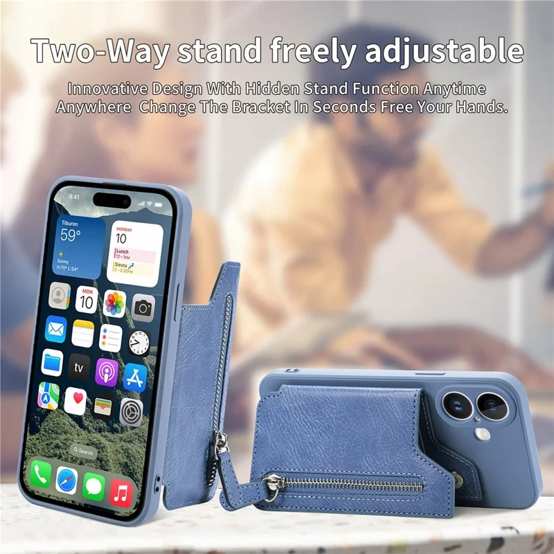 Custodia per iPhone 16 Plus in pelle PU + TPU con cerniera e tasca portafoglio - Viola