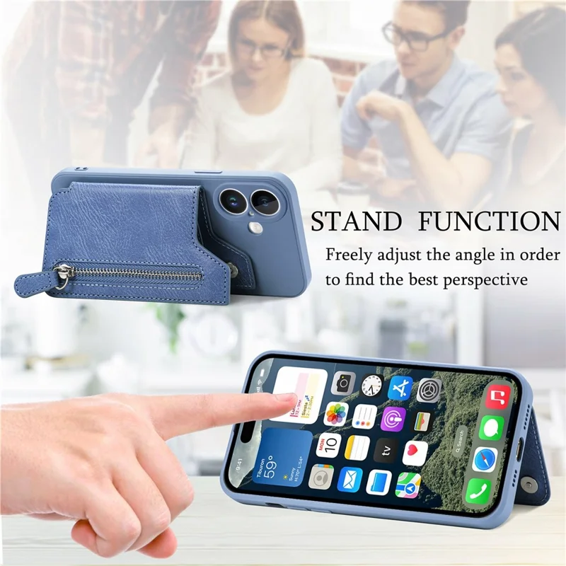 Custodia per iPhone 16 Plus in pelle PU + TPU con cerniera e tasca portafoglio - Viola